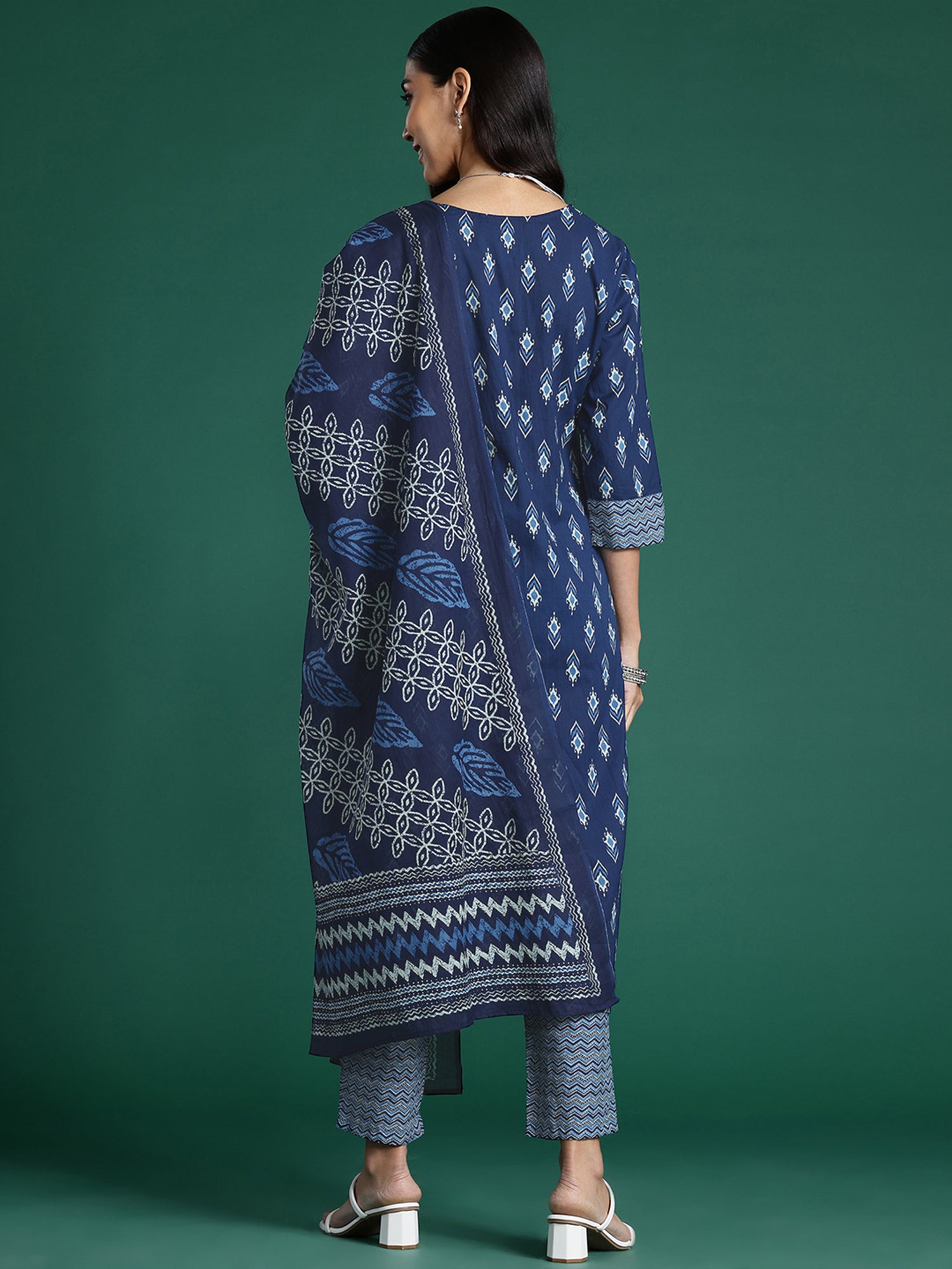 Indo Era Blue Printed Straight Kurta Trousers With Dupatta set - Distacart