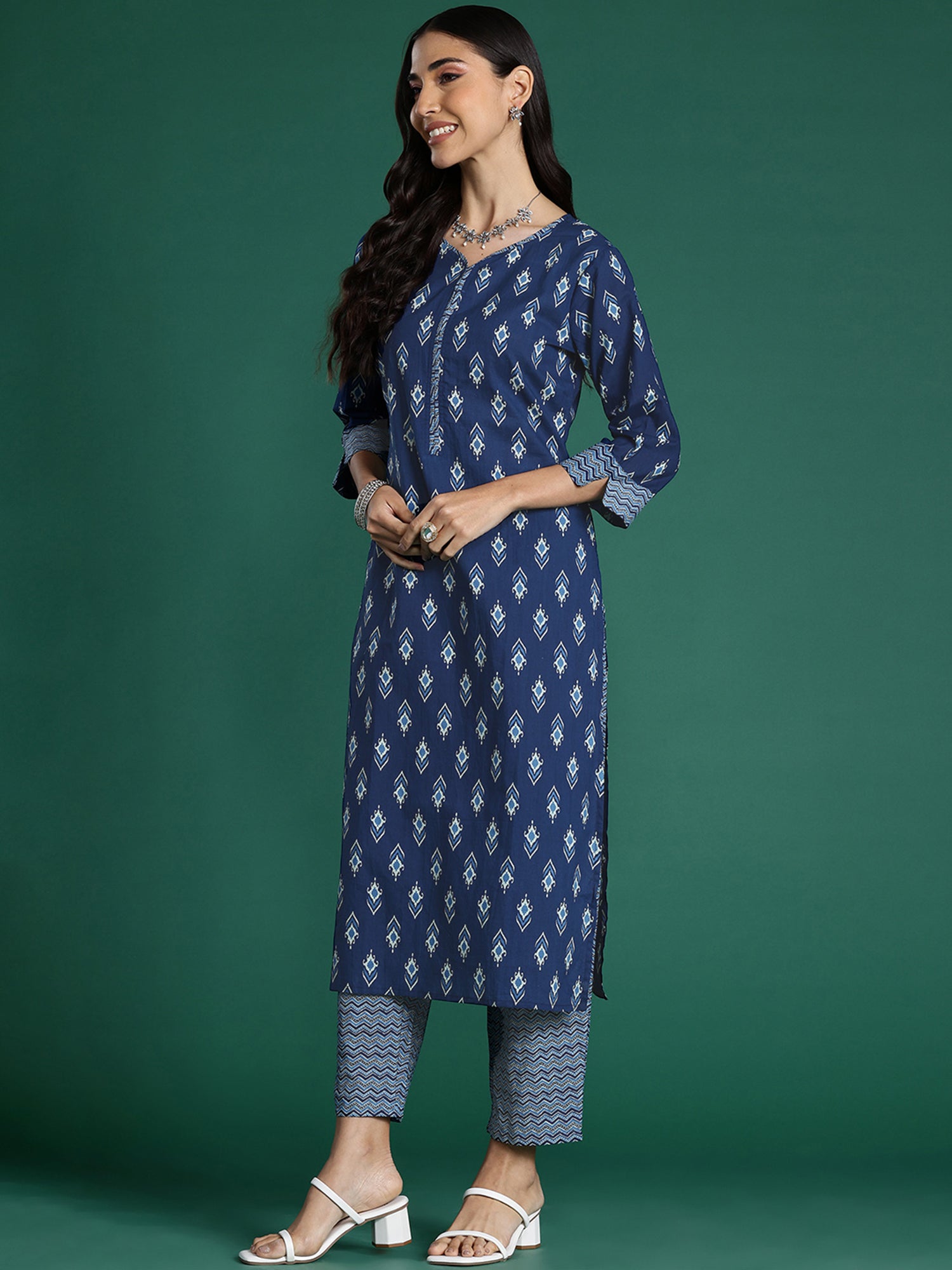 Indo Era Blue Printed Straight Kurta Trousers With Dupatta set - Distacart