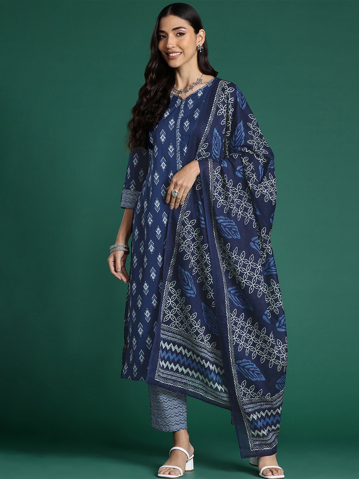 Indo Era Blue Printed Straight Kurta Trousers With Dupatta set - Distacart