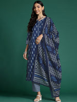 Thumbnail for Indo Era Blue Printed Straight Kurta Trousers With Dupatta set - Distacart