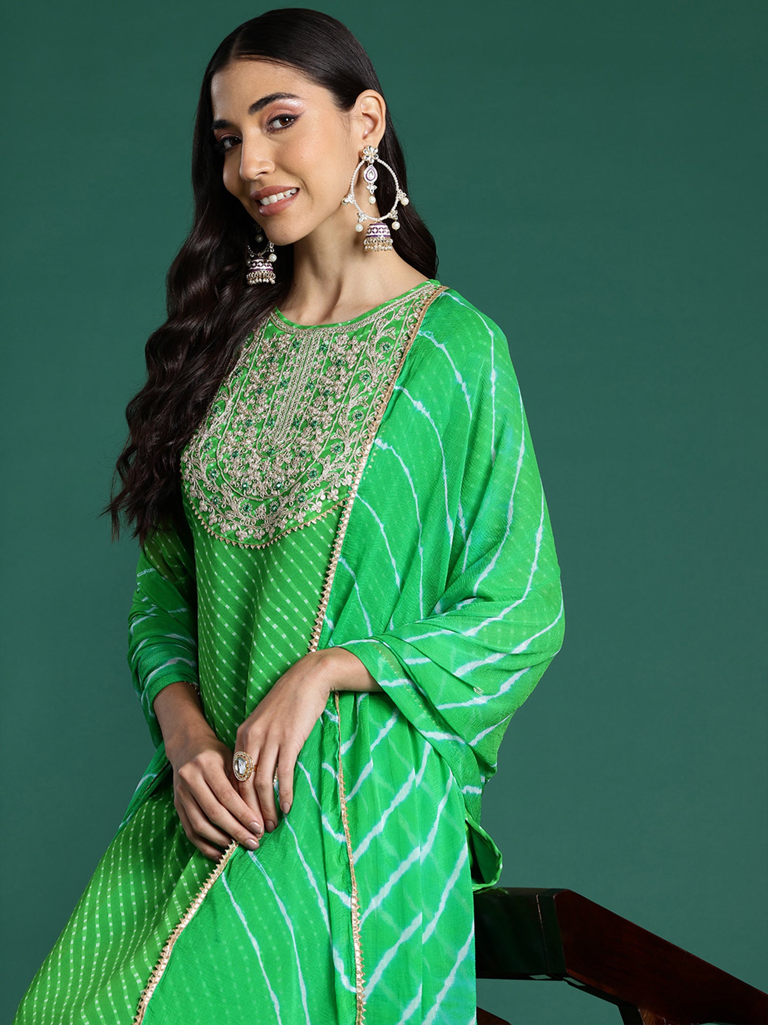 Indo Era Green Printed Straight Kurta Trousers With Dupatta set - Distacart