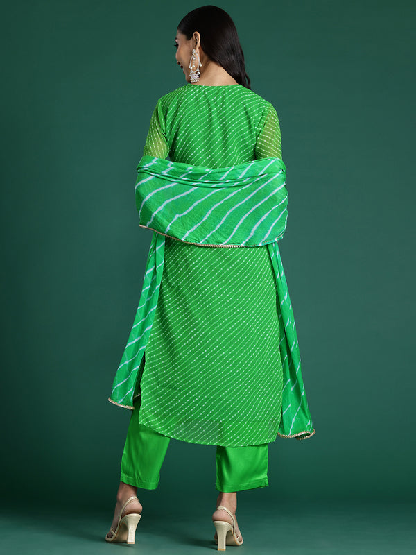 Indo Era Green Printed Straight Kurta Trousers With Dupatta set - Distacart