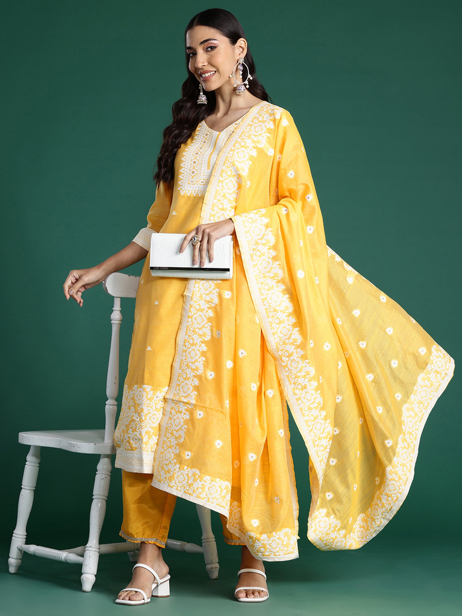 Indo Era Yellow Woven Design Straight Kurta Trousers With Dupatta set - Distacart