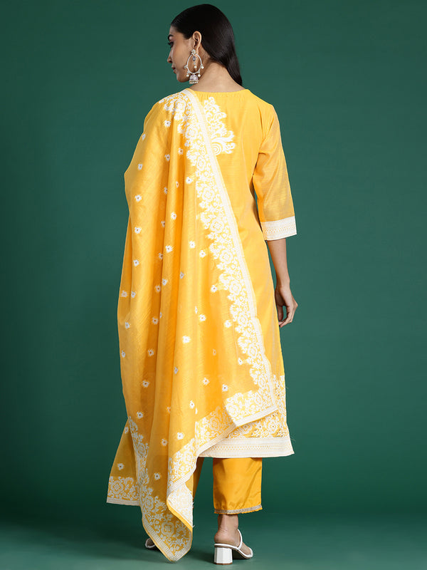 Indo Era Yellow Woven Design Straight Kurta Trousers With Dupatta set - Distacart