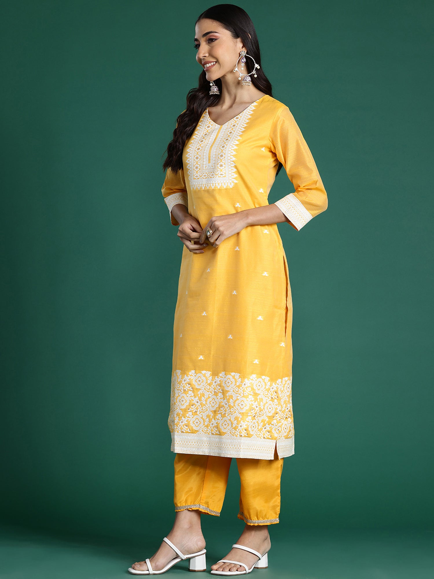 Indo Era Yellow Woven Design Straight Kurta Trousers With Dupatta set - Distacart