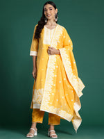 Thumbnail for Indo Era Yellow Woven Design Straight Kurta Trousers With Dupatta set - Distacart