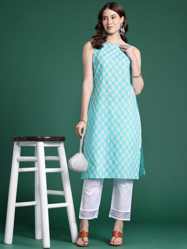 Indo Era Blue Printed Straight Kurta - Distacart