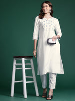 Thumbnail for Indo Era White Embroidered Straight Kurta Trousers set - Distacart