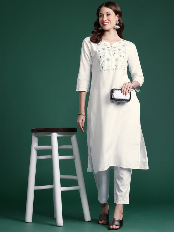 Indo Era White Embroidered Straight Kurta Trousers set - Distacart