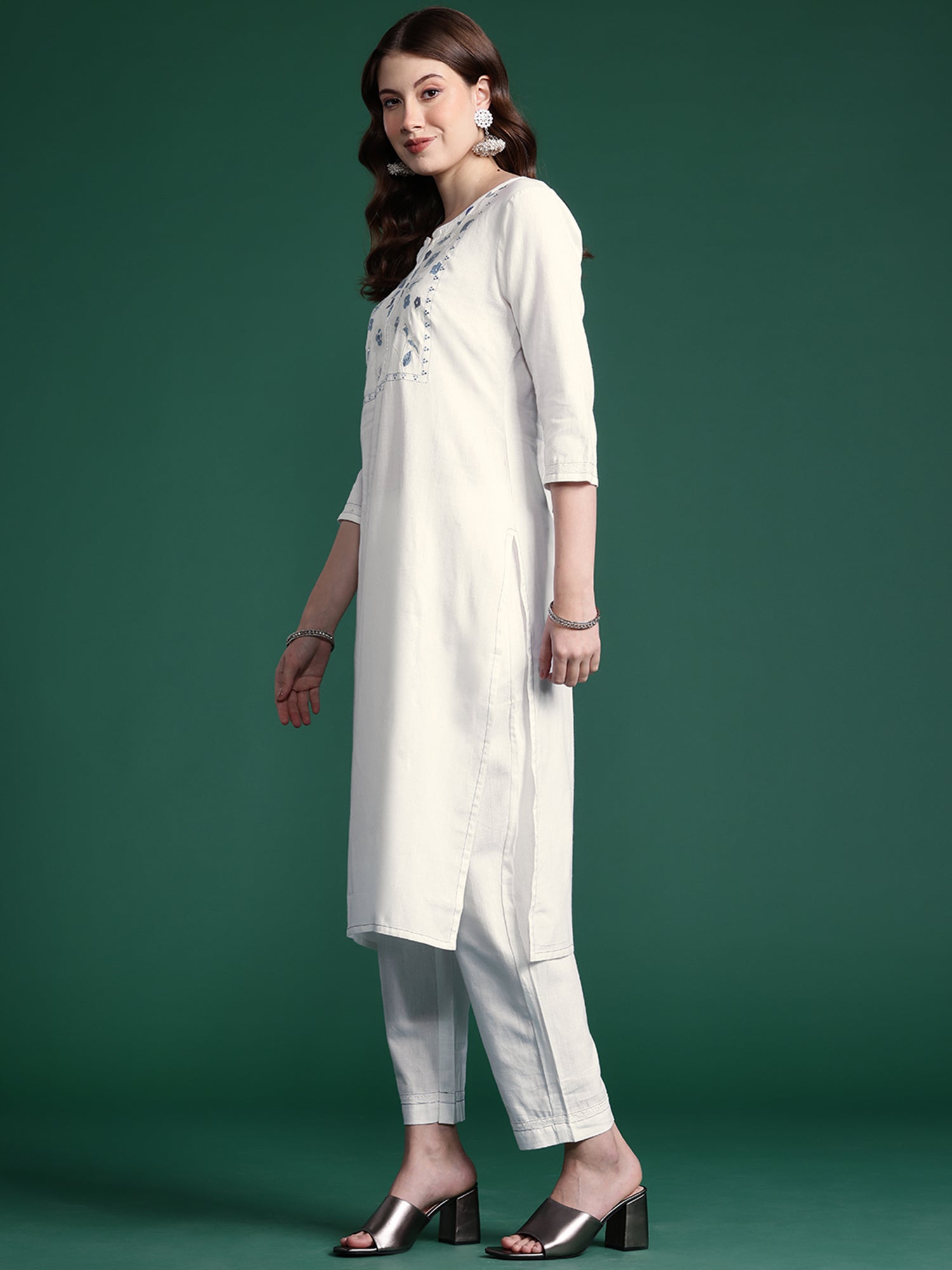 Indo Era White Embroidered Straight Kurta Trousers set - Distacart