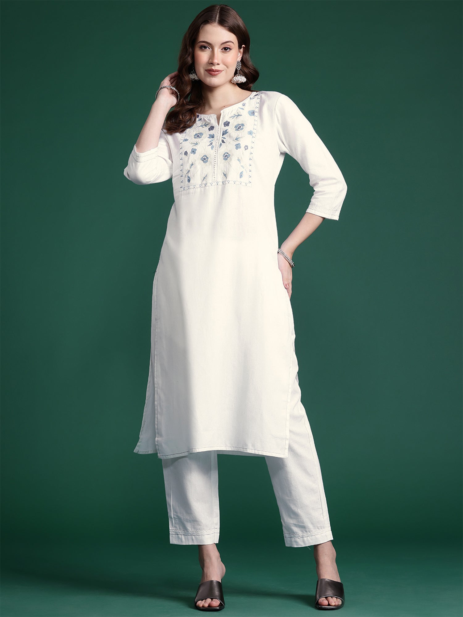 Indo Era White Embroidered Straight Kurta Trousers set - Distacart