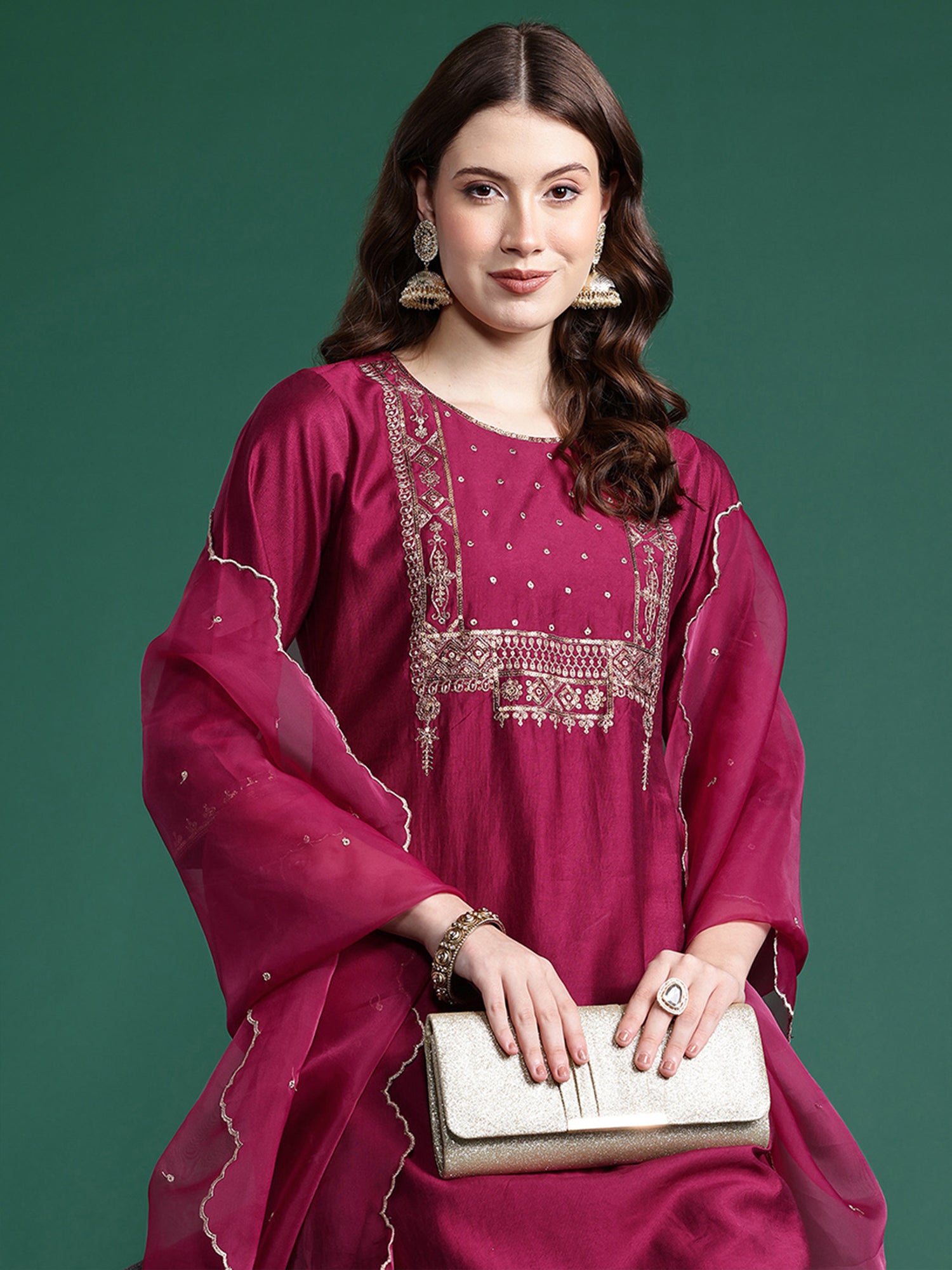 Indo Era Burgundy Embroidered Straight Kurta Trousers With Dupatta Set - Distacart