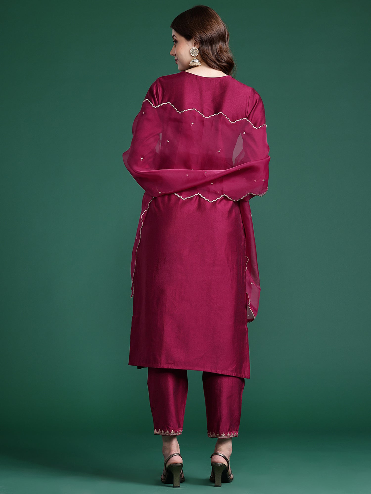 Indo Era Burgundy Embroidered Straight Kurta Trousers With Dupatta Set - Distacart
