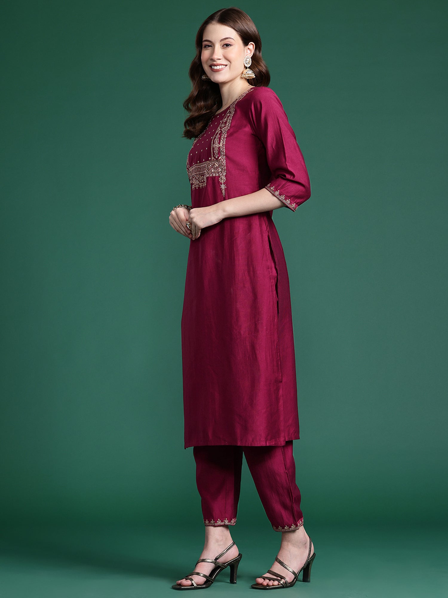 Indo Era Burgundy Embroidered Straight Kurta Trousers With Dupatta Set - Distacart