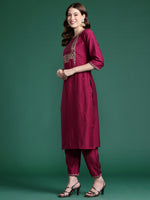 Thumbnail for Indo Era Burgundy Embroidered Straight Kurta Trousers With Dupatta Set - Distacart