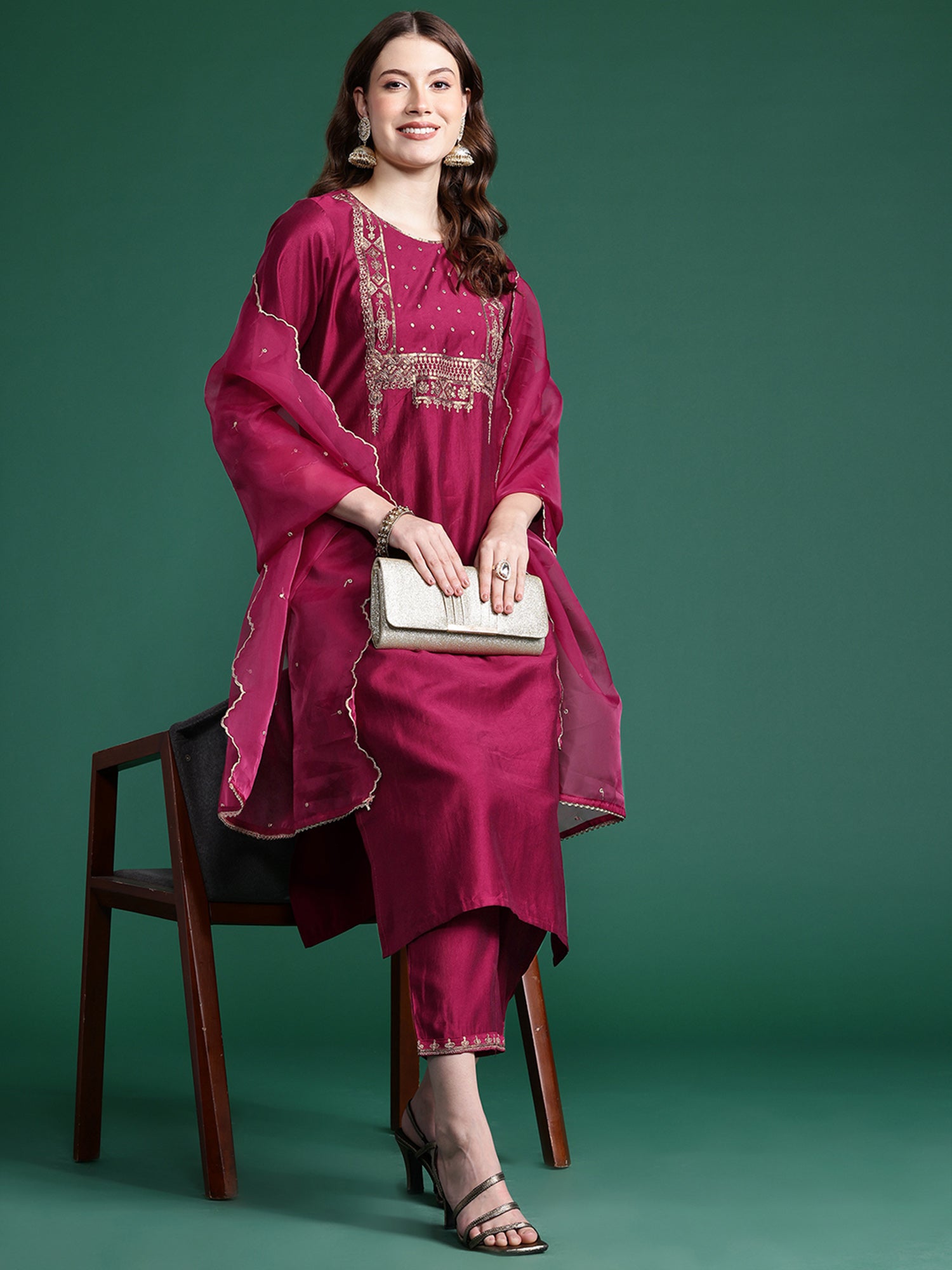 Indo Era Burgundy Embroidered Straight Kurta Trousers With Dupatta Set - Distacart