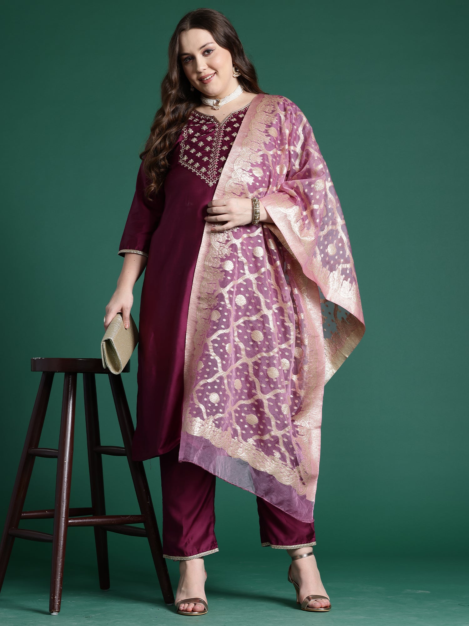 Indo Era Purple Embroidered Straight Kurta Trousers With Dupatta set - Distacart