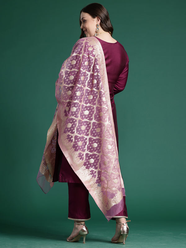 Indo Era Purple Embroidered Straight Kurta Trousers With Dupatta set - Distacart