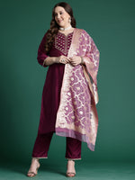 Thumbnail for Indo Era Purple Embroidered Straight Kurta Trousers With Dupatta set - Distacart