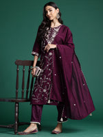 Thumbnail for Indo Era Burgandy Straight Embroidered Kurta Trousers With Dupatta Set - Distacart