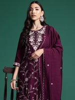 Thumbnail for Indo Era Burgandy Straight Embroidered Kurta Trousers With Dupatta Set - Distacart
