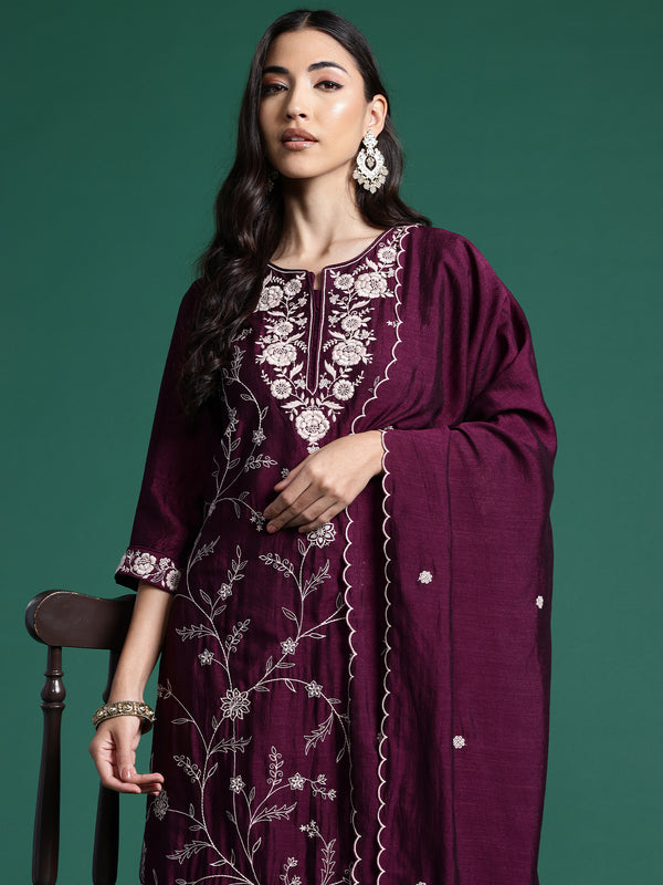 Indo Era Burgandy Straight Embroidered Kurta Trousers With Dupatta Set - Distacart