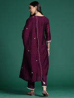 Thumbnail for Indo Era Burgandy Straight Embroidered Kurta Trousers With Dupatta Set - Distacart