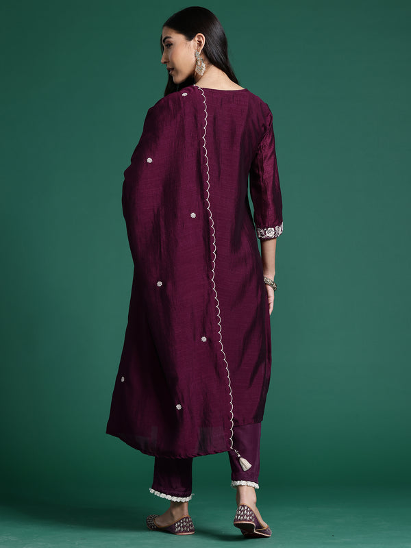 Indo Era Burgandy Straight Embroidered Kurta Trousers With Dupatta Set - Distacart