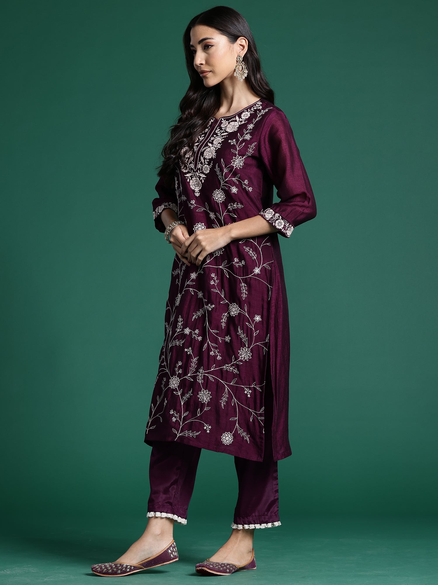 Indo Era Burgandy Straight Embroidered Kurta Trousers With Dupatta Set - Distacart