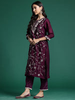 Thumbnail for Indo Era Burgandy Straight Embroidered Kurta Trousers With Dupatta Set - Distacart