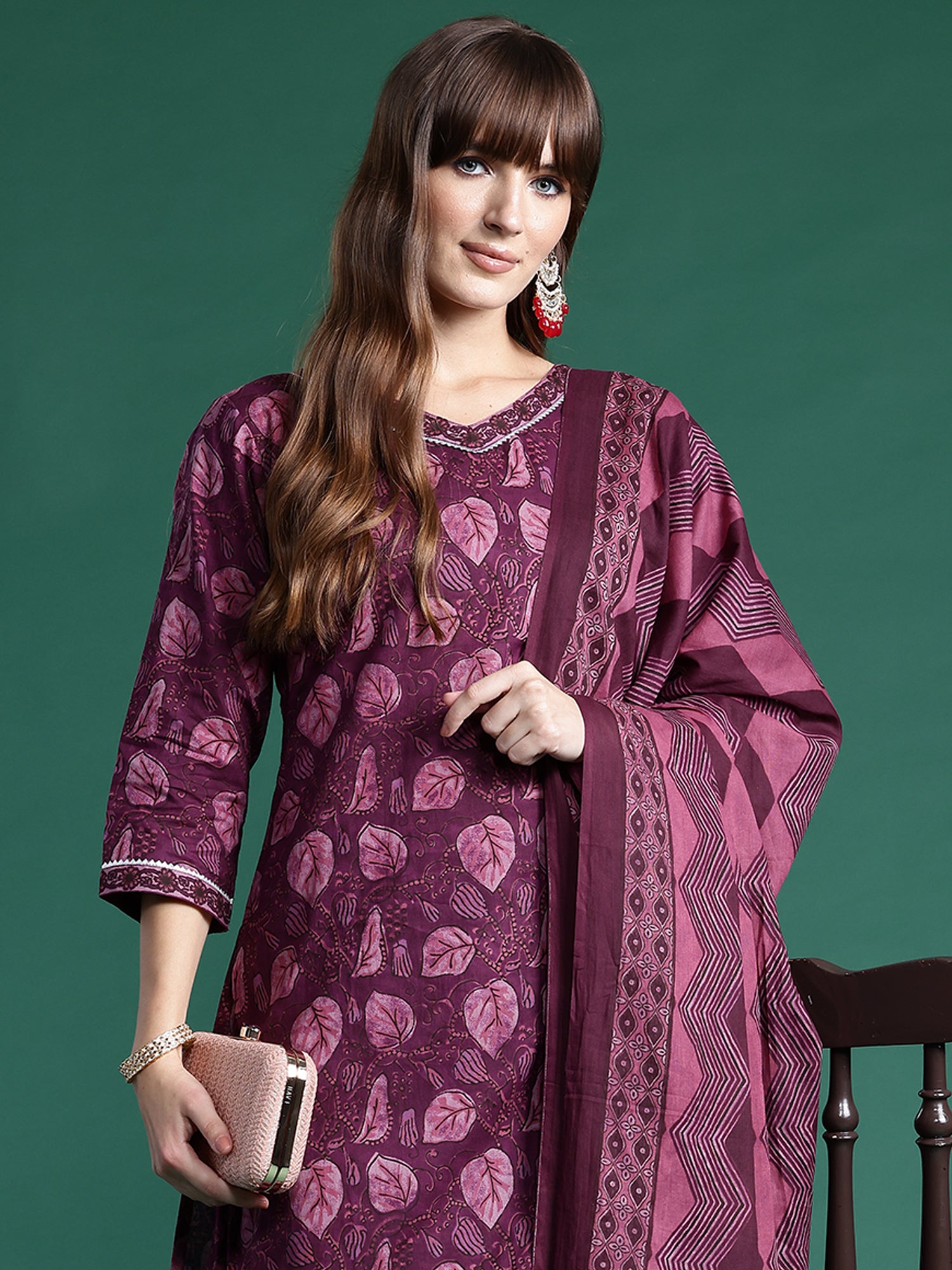 Indo Era Burgundy Printed Straight Kurta Palazzos With Dupatta set - Distacart