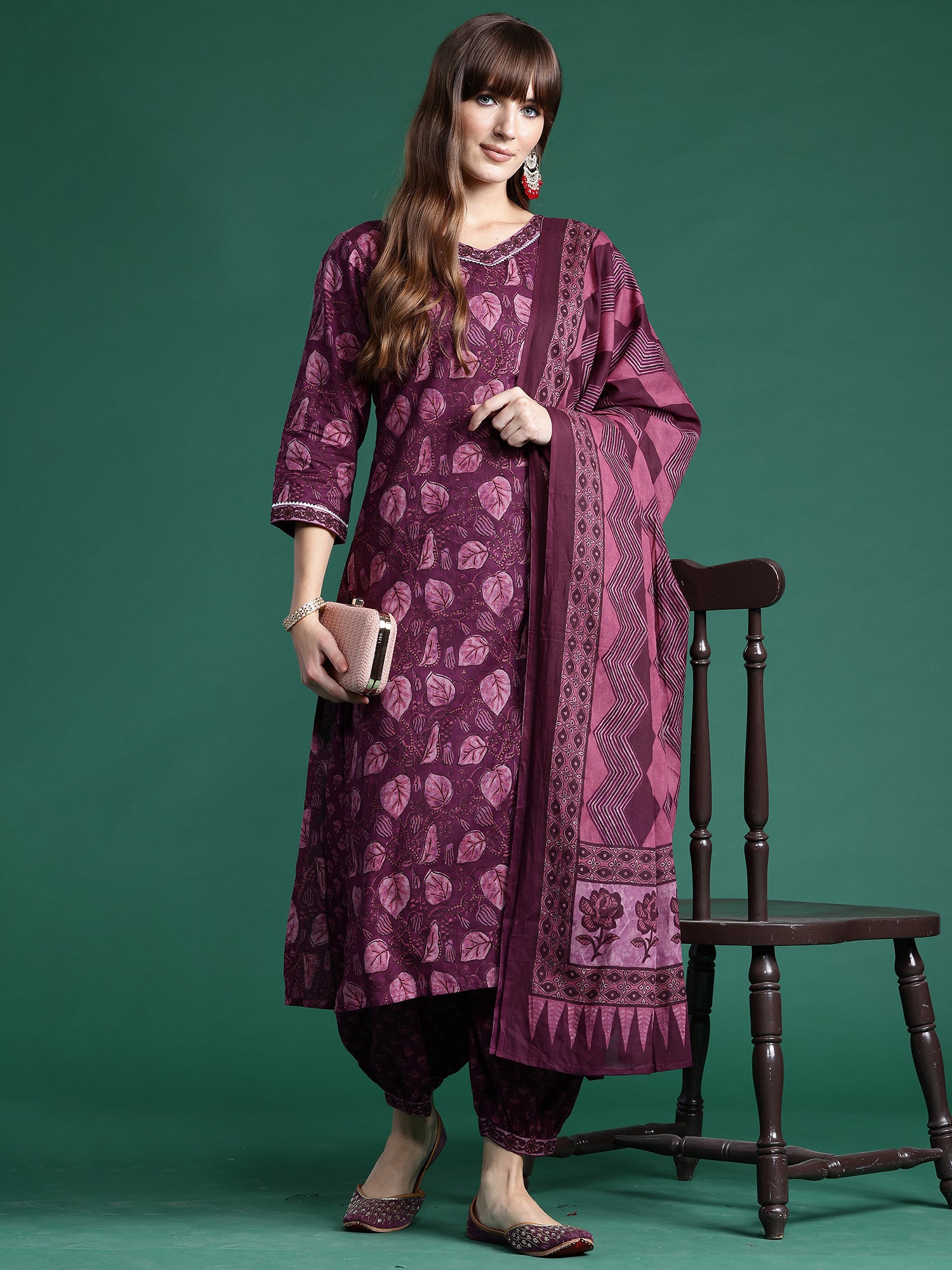 Indo Era Burgundy Printed Straight Kurta Palazzos With Dupatta set - Distacart