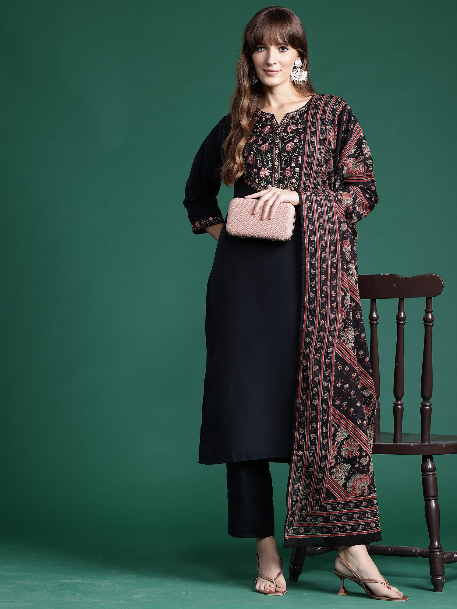 Indo Era Black Embroidered Straight Kurta Trousers With Dupatta Set - Distacart