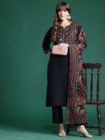 Thumbnail for Indo Era Black Embroidered Straight Kurta Trousers With Dupatta Set - Distacart