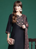 Thumbnail for Indo Era Black Embroidered Straight Kurta Trousers With Dupatta Set - Distacart