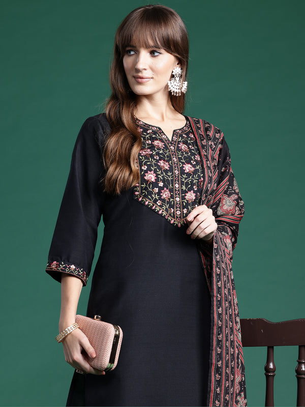 Indo Era Black Embroidered Straight Kurta Trousers With Dupatta Set - Distacart