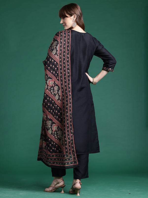 Indo Era Black Embroidered Straight Kurta Trousers With Dupatta Set - Distacart