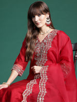 Thumbnail for Indo Era Red Embroidered Straight Kurta Trousers With Dupatta Set - Distacart