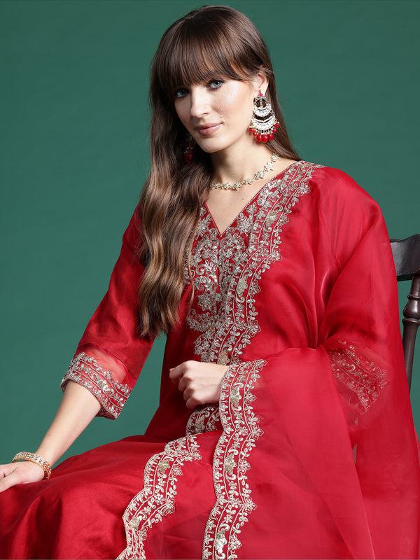 Indo Era Red Embroidered Straight Kurta Trousers With Dupatta Set - Distacart