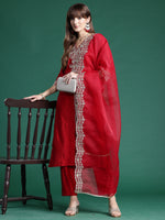 Thumbnail for Indo Era Red Embroidered Straight Kurta Trousers With Dupatta Set - Distacart