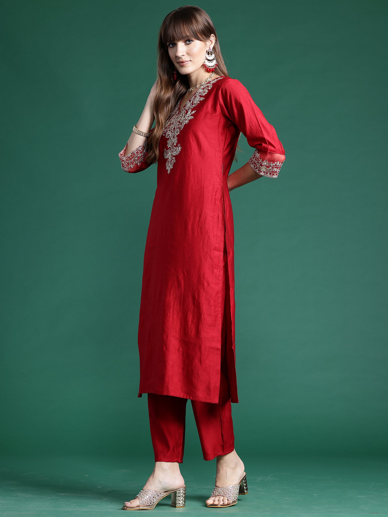 Indo Era Red Embroidered Straight Kurta Trousers With Dupatta Set - Distacart