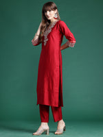 Thumbnail for Indo Era Red Embroidered Straight Kurta Trousers With Dupatta Set - Distacart