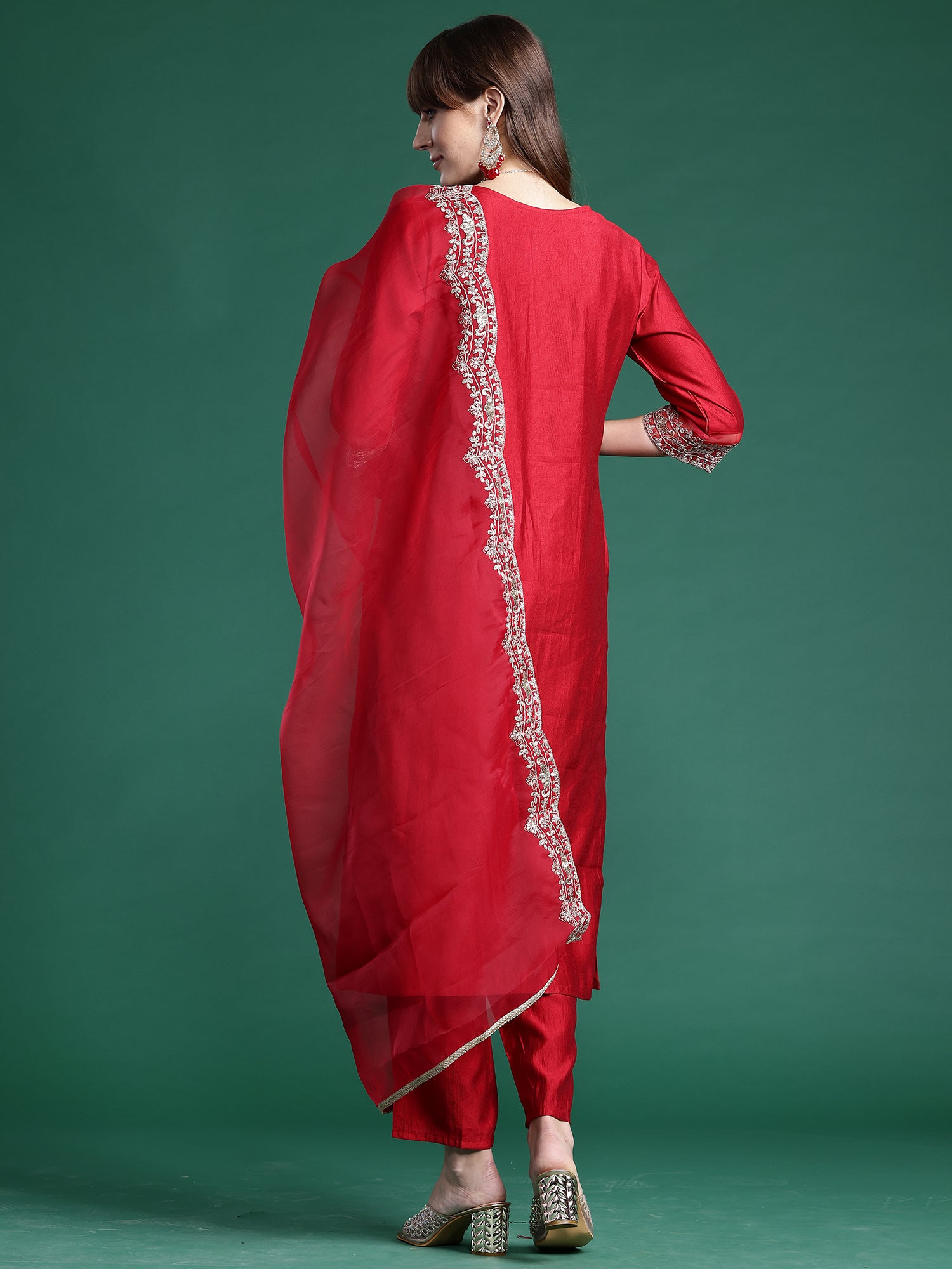 Indo Era Red Embroidered Straight Kurta Trousers With Dupatta Set - Distacart