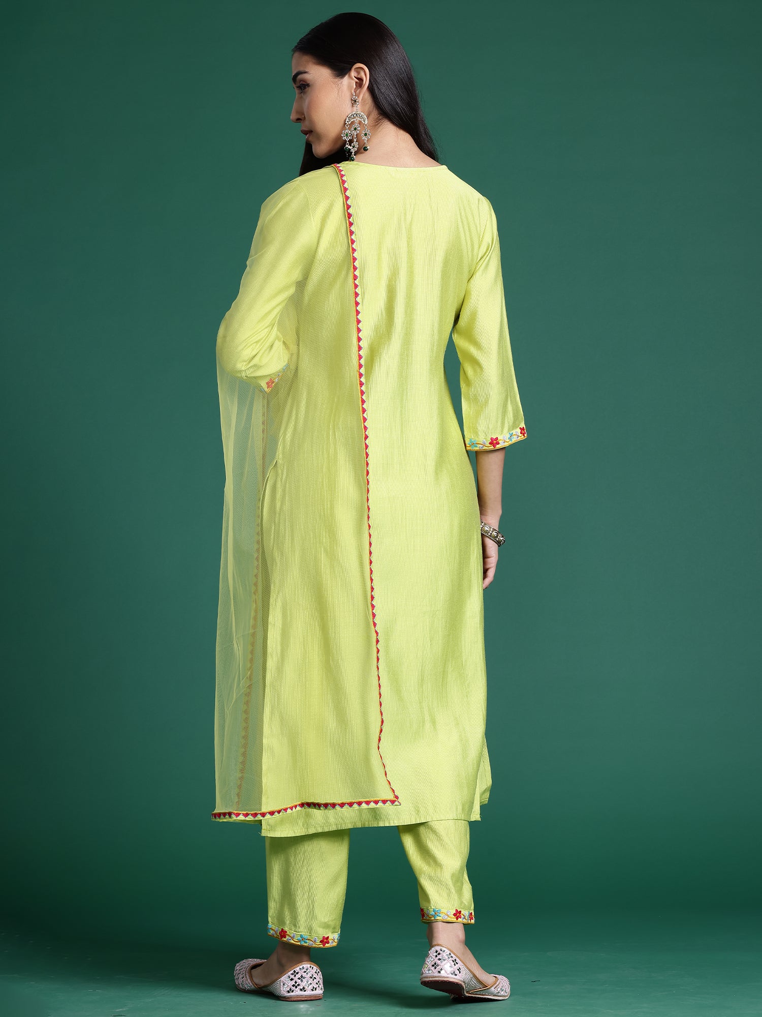 Indo Era Green Embroidered Straight Kurta Trousers With Dupatta Set - Distacart