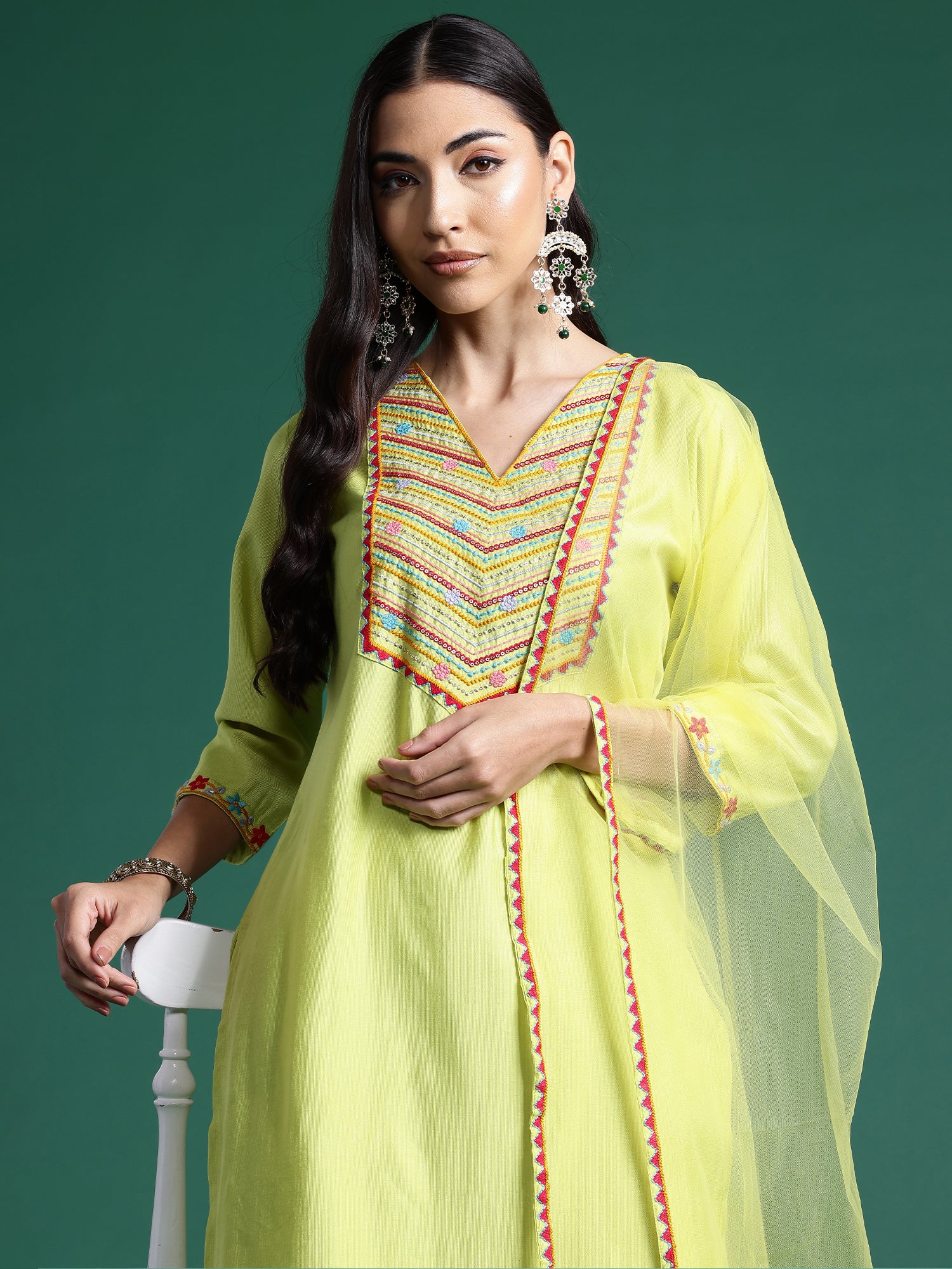 Indo Era Green Embroidered Straight Kurta Trousers With Dupatta Set - Distacart