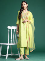 Thumbnail for Indo Era Green Embroidered Straight Kurta Trousers With Dupatta Set - Distacart