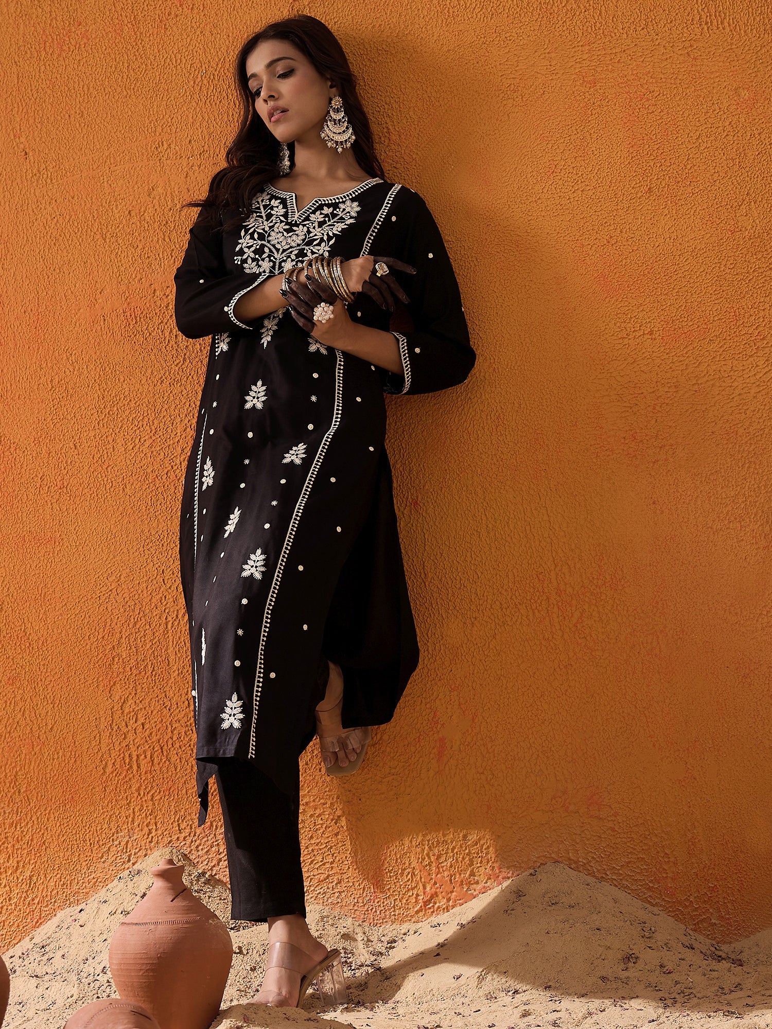 Indo Era Black Embroidered Straight Kurta - Distacart