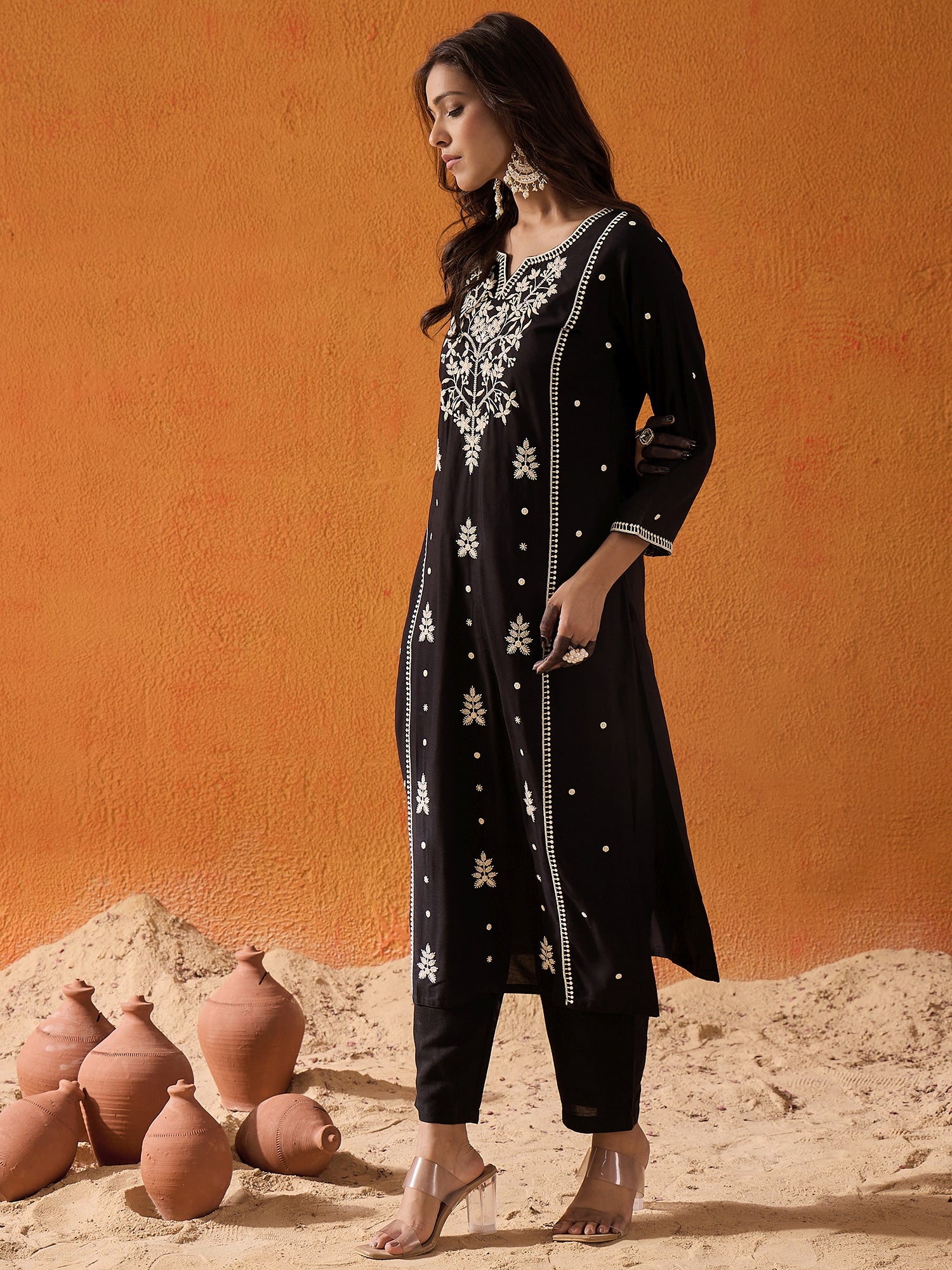 Indo Era Black Embroidered Straight Kurta - Distacart