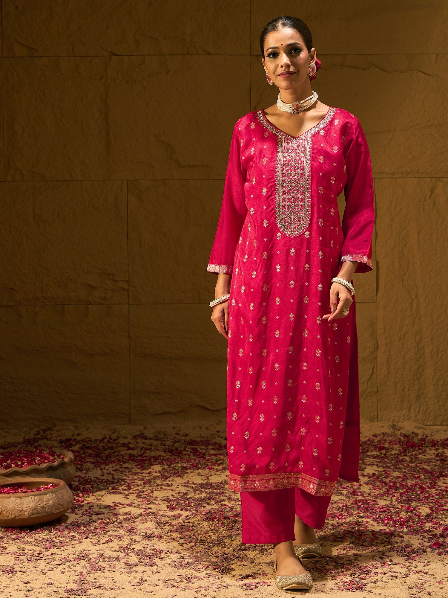 Indo Era Magenta Embroidered Straight Kurta Trousers With Dupatta set - Distacart