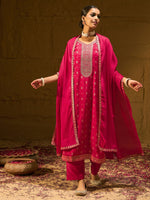 Thumbnail for Indo Era Magenta Embroidered Straight Kurta Trousers With Dupatta set - Distacart